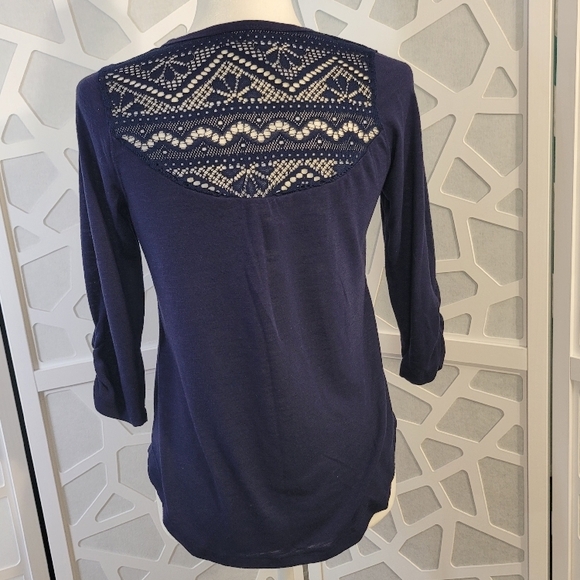 Neon Soul Navy Blue V-Neck 3/4 Sleeve Embellished Blouse Medium - Picture 4 of 12